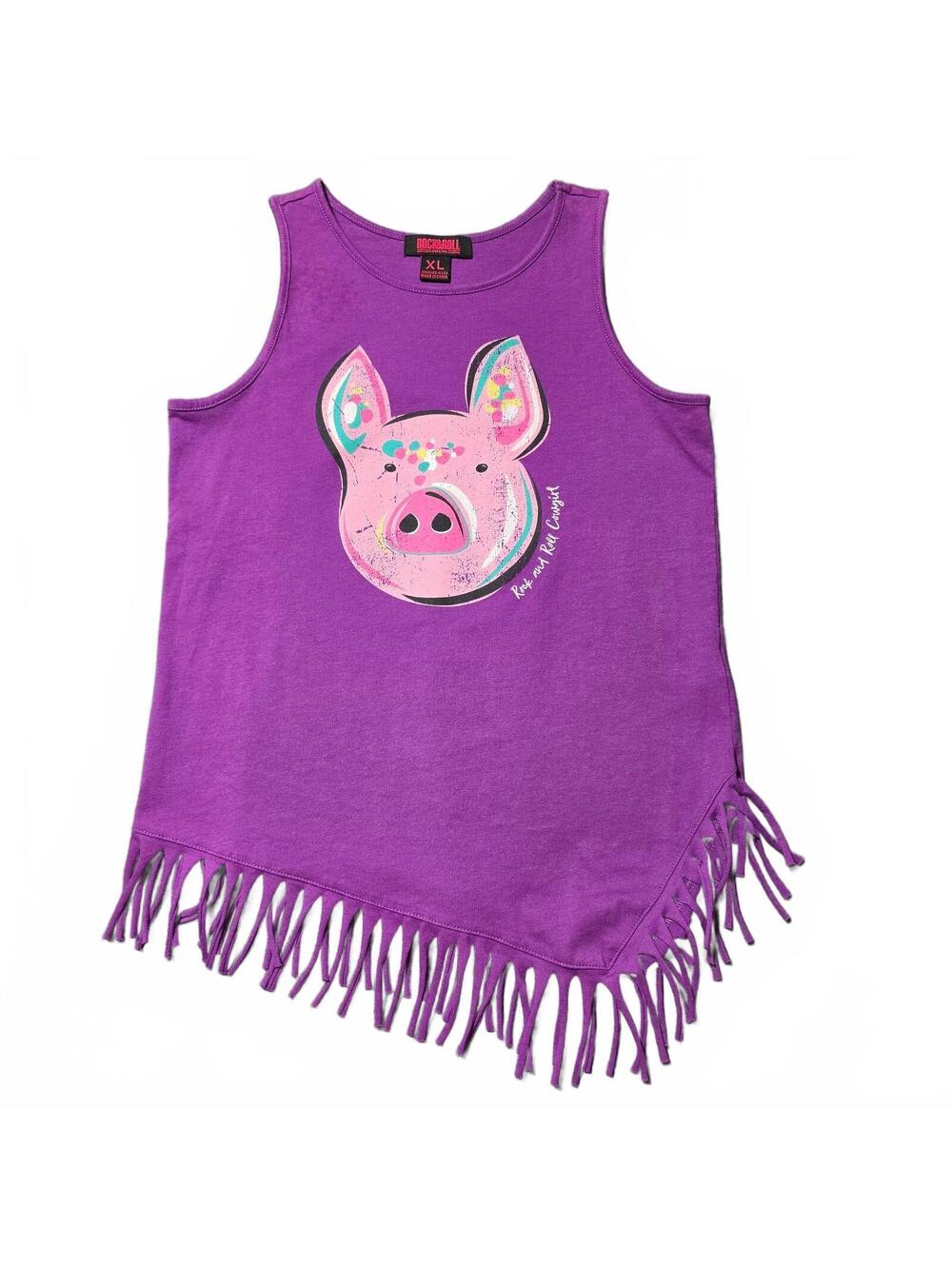 Rock & Roll Cowgirl XL Purple Women's Tank Top Pig Graphic Fringe Boho Western